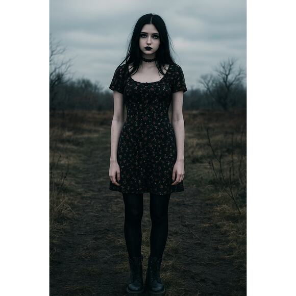 Vtg Justify Y2K Ditsy Dark Floral Ribbed Square Neck Bow Dress L Whimsigoth 90s - Picture 2 of 14